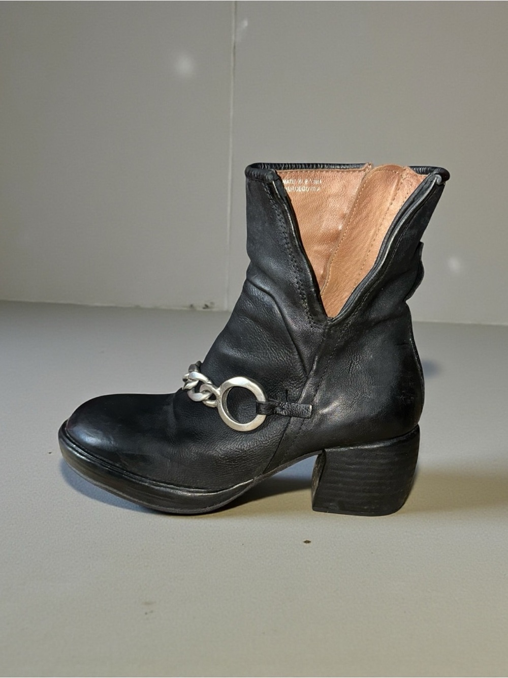 A.S.98 Moto Ankle Boot Thick Silver Chain Derail Black Women Size 6